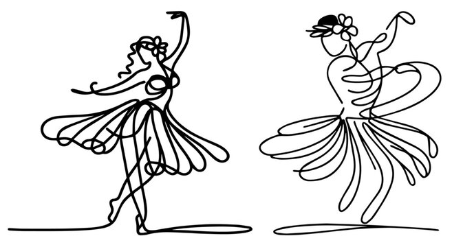 minimalist line art depicting dancers performing traditional hawaiian hula dance black vector