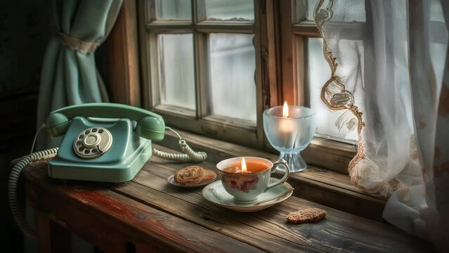 vintage old telephone with candle on the table near the window, animation seamless looping video 4k