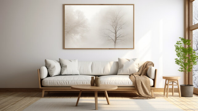 A living room with a white couch, a coffee table, a potted plant, and a framed picture of a tree. The room has a clean and minimalist design, with a neutral color palette