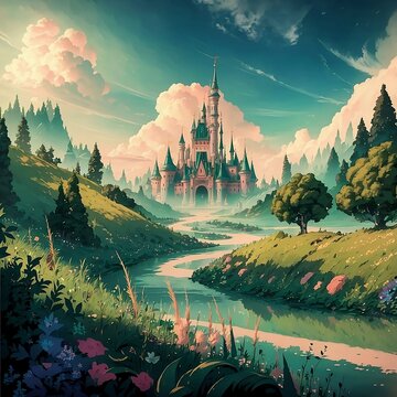Fantastical Watercolor Castle in Clouds, Fantastical castle floating in clouds painted in watercolors, Ideal for children's fantasy stories or imaginative art projects, AI Generated