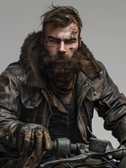 Fierce looking biker with scars on his face, giving a formidable and resilient impression
