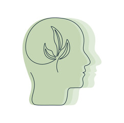 One line drawing human head with growing plant inside. Mental health concept in single continuous line. Positive thinking. Psychological growth. Taking care yourself. Simple isolated vector.