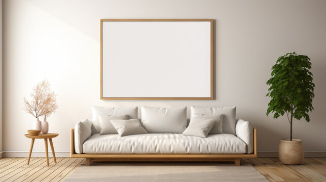 A white couch is in a room with a large white framed picture on the wall. The room is decorated with a potted plant and a vase