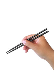 Hand holding wooden chopsticks, transparent background