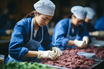 A factory specializing in processing meat.The complex machinery and skilled workers involved in the process.Capture the precision and attention to detail required to ensure high quality meat products - obrazy, fototapety, plakaty