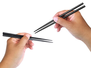 Hand holding wooden chopsticks, transparent background
