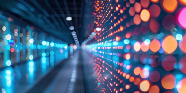 Data strands with blurred conference building in background