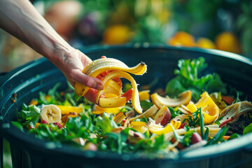 A man's hand puts organic biodegradable waste in a recycling bin, the concept of separate waste collection.