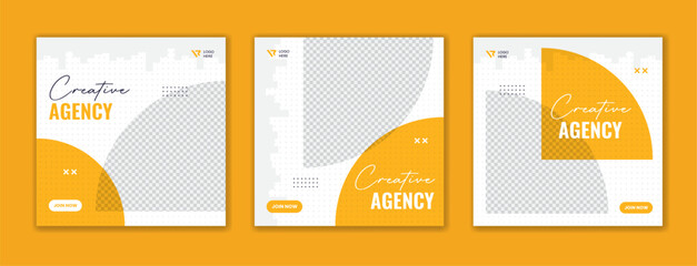 Set of yellow corporate social media post design, Semi round shape square template layout