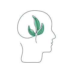 One line drawing human head with growing plant inside. Mental health concept in single continuous line. Positive thinking. Psychological growth. Taking care yourself. Simple vector linear icon.