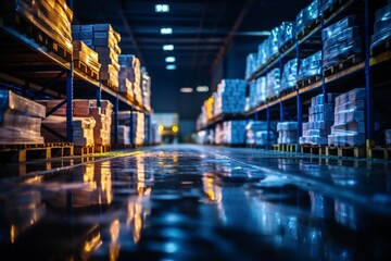 A warehouse filled with neatly stacked boxes and pallets, offering an ideal setting for showcasing logistics and storage concepts. - obrazy, fototapety, plakaty