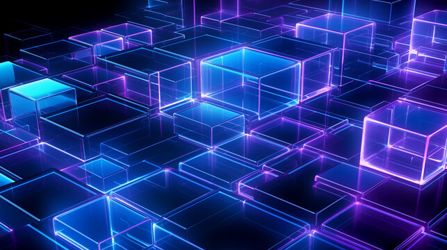 Futuristic Neon Glowing Cubes in a 3D Digital Grid