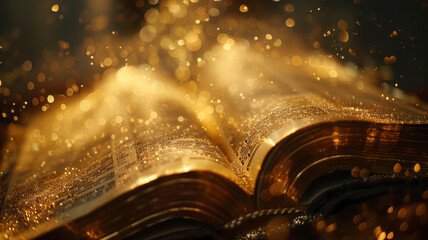 The Bible bathed in golden light with sparkling glitter.