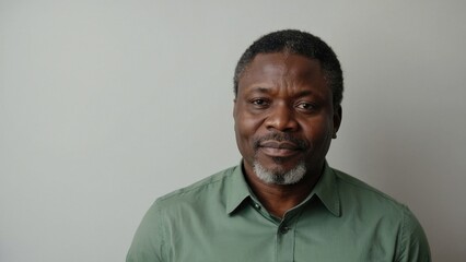 Obraz premium adult black man with beard and gray hair is wearing a green shirt. He looks at the camera with serious expression