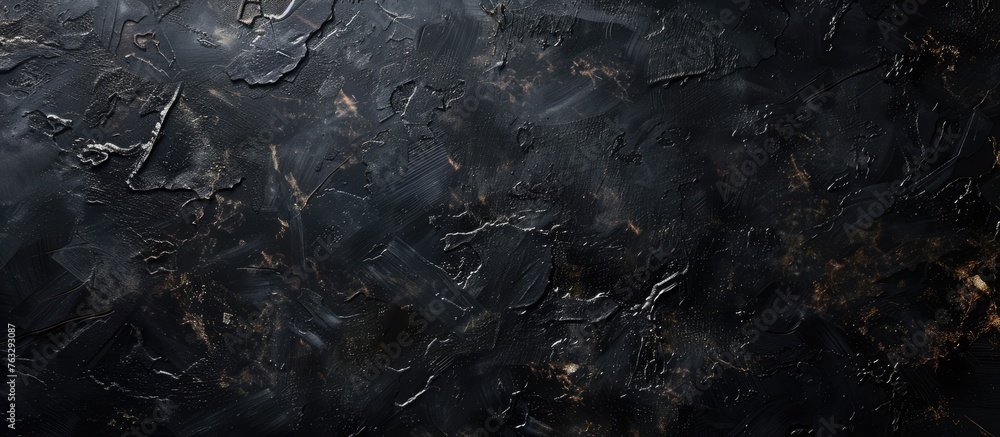 Poster a close up of a dark, marble texture resembling water flowing on soil with twigs and grass peeking t