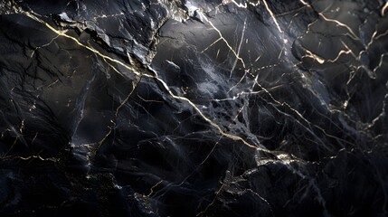 Sumptuous abstract black marble stone texture with golden veins, glossy black marble for wallpaper background