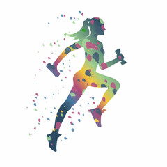 Athletic girl runs with dumbbells. The concept of a healthy and active lifestyle. Silhouette with splashes. Vector illustration.