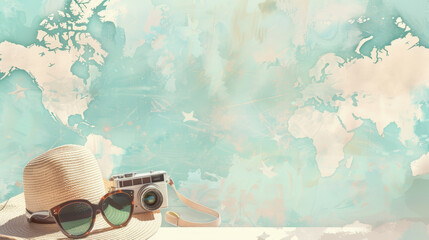 Hat, sunglasses, and camera set against a painted world map backdrop, suggesting global travel and adventure,free space for text