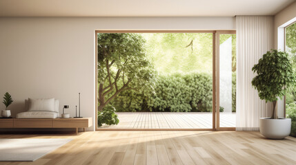 Fototapeta premium A large open living room with a wooden floor and a large window. The room is empty and has a minimalist design