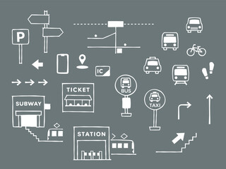 Fototapeta na wymiar 電車やバスの交通案内のシンプルなイラストとアイコン