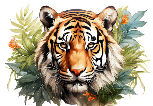 Watercolor painting of Tiger head yellow, black among leaves and flowers  Isolated on cut out PNG or transparent background. For fabric texture design. artwork by painting. Abstract background.	
