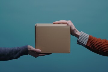 swift gesture, two persons handed the box cardboard box blue background. carefully delivery, trust business, grasped the rectangle with his thumb and fingers, his wrist peeking out of his sleeve