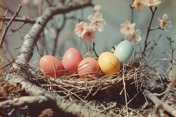 Obraz premium Easter eggs in nest on tree in forest or park. Generative AI