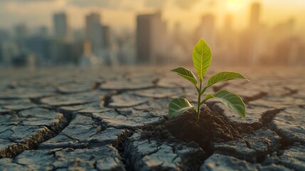 Little plant in dried cracked mud against a background of city skyline.