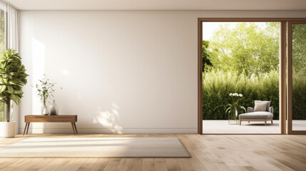 A large open living room with a wooden floor and a white wall. A couch is in the room and a potted plant is on a table