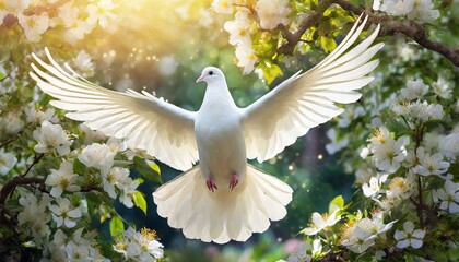 Holy Spirit: White Dove with Open Wings Dancing on Air in Blossoming Garden