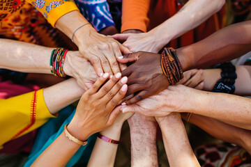 All hands together, united diversity or multi-cultural partnership in a group	