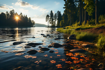 Landscape green forest in sunset with forest stream sky and white clouds. Clear water flows in large river with river rocks and mountains in background. Realistic clipart template pattern.	