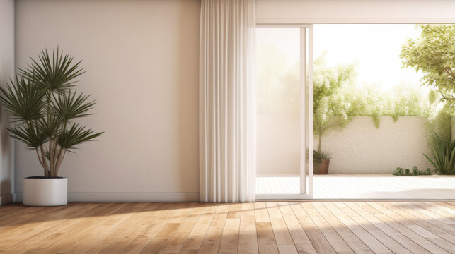 A large open room with a white curtain and a potted plant. The room is empty and has a minimalist feel