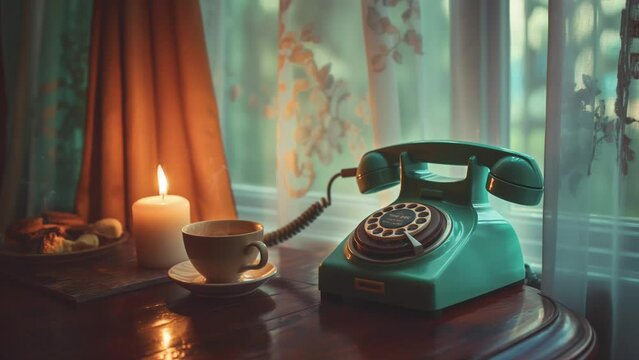 vintage green phone with a cup a coffee and candle on the table near the window, animation seamless looping video 4k