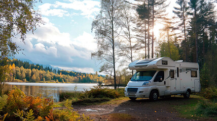 motorhome camping in nature. Forest and lake background