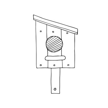 A simple hand drawn illustration of a birdhouse. Line drawing.