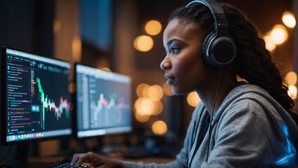 Professional black female programmer, headphones on, works on desktop. Software engineer focuses on developing mobile apps, video games, listening to music. Back view.