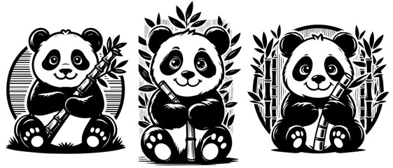 sweet cute panda sitting politely eating bamboo shoots black vector laser cutting black and white shape