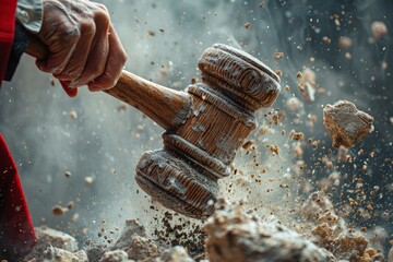 Capturing the moment of impact as a judge's gavel explodes, symbolizing power and abrupt decisions in justice - obrazy, fototapety, plakaty