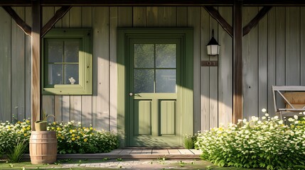 an AI-generated picture of a rustic farmhouse green front door with a glass window and a porch