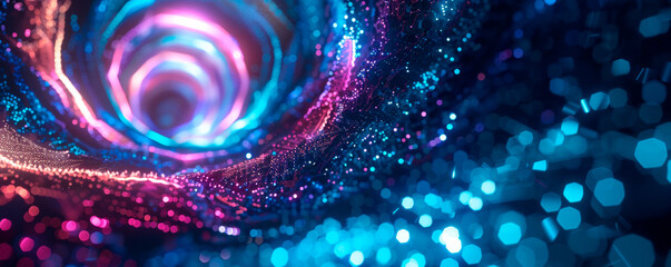 A swirl of blue and pink colors stands out against a stark black background, creating a striking contrast. colors blend seamlessly, forming an eye-catching pattern. Abstract tunnel. Banner. Copy space