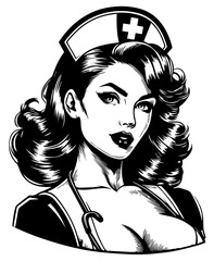 pin-up nurse with plunging neckline vintage glamour black vector laser cutting black and white shape - obrazy, fototapety, plakaty