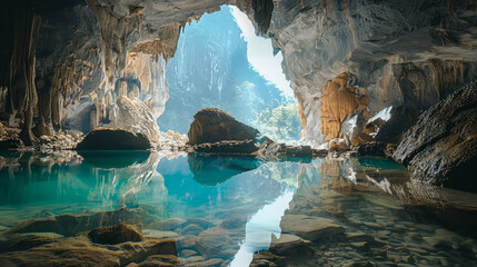 group of tourists were exploring a cave and came across a source of water, - obrazy, fototapety, plakaty