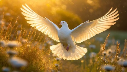 Holy Spirit: White Dove with Open Wings Illuminated by the Golden Rays of Light