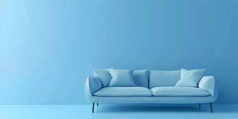 Interior of the room in plain monochrome pastel blue color with airmchair sofa and table 3d Soft blue sofa on blue background with bright light.AI Generative
