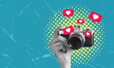 Creative composite photo collage depicting a hand holding a vintage camera and taking a photo in social media, on a blue background with copy space.