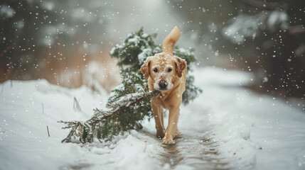 Dog drags tree in snow
