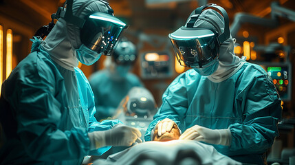 Futuristic concept: Surgical Team Performing Advanced Medical Procedure in a High-Tech Operating Room - obrazy, fototapety, plakaty