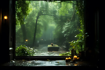 Landscape rainy on road autumn day seen from window. Summer rain in lush green forest, with heavy rainfall background. Rain in forest between trees. Abstract natural backgrounds for design
