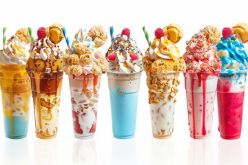 Milkshake  cocktails in a row with whipped cream, fruits, banana,  caramel, chocolate, strawberry,  ice cream on white background